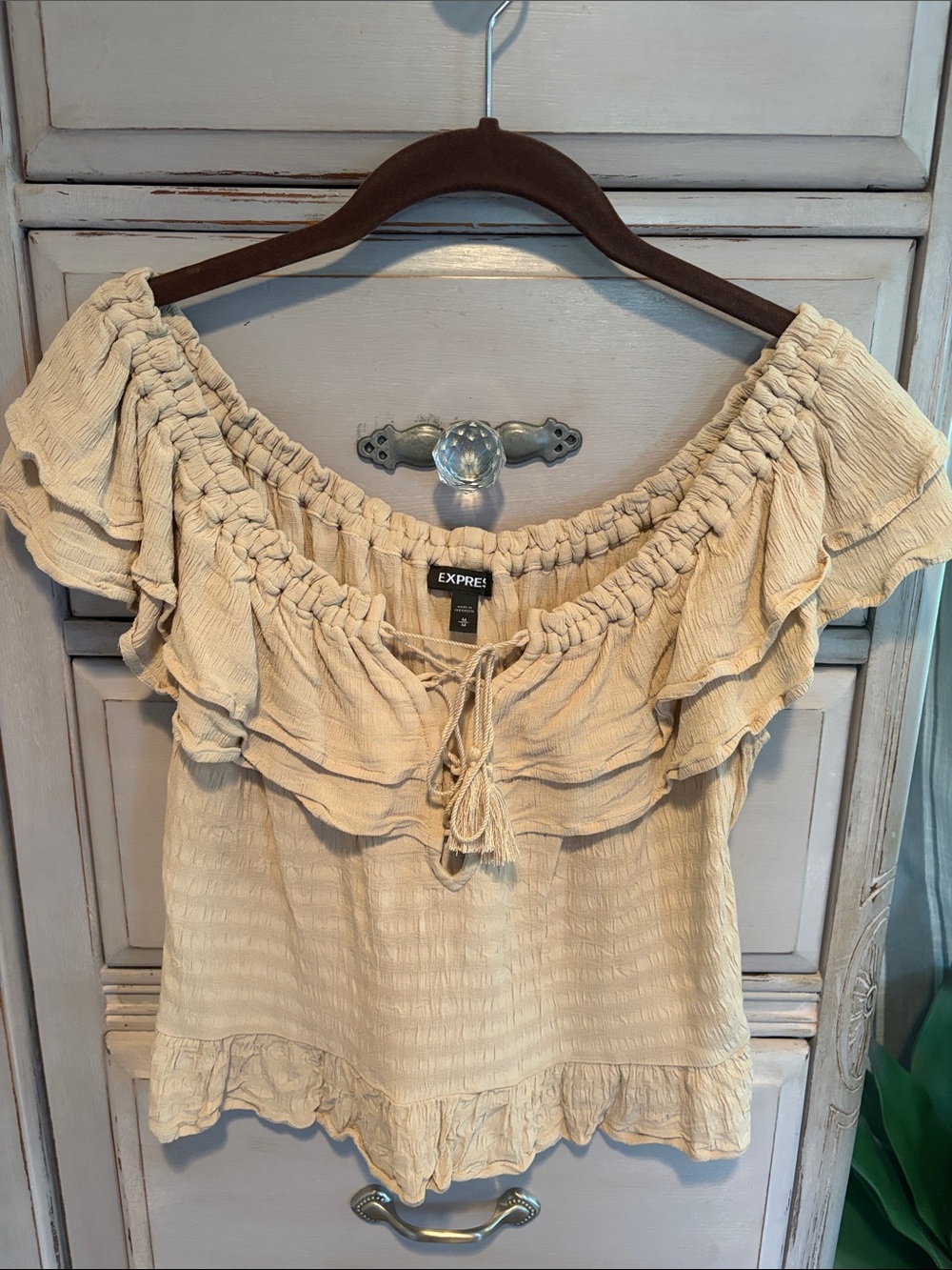 Express Cream Ruffled Off-Shoulder Crop Top